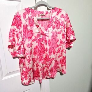 Jodifl Women's Pink Floral Puff Sleeve Blouse Casual Spring